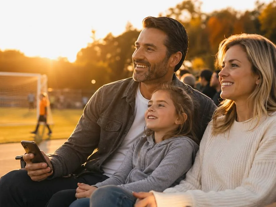 Wisconsin home service business owner enjoying family time at child's sports game with Patriot Business Systems automation running the follow-up and reviews in the background