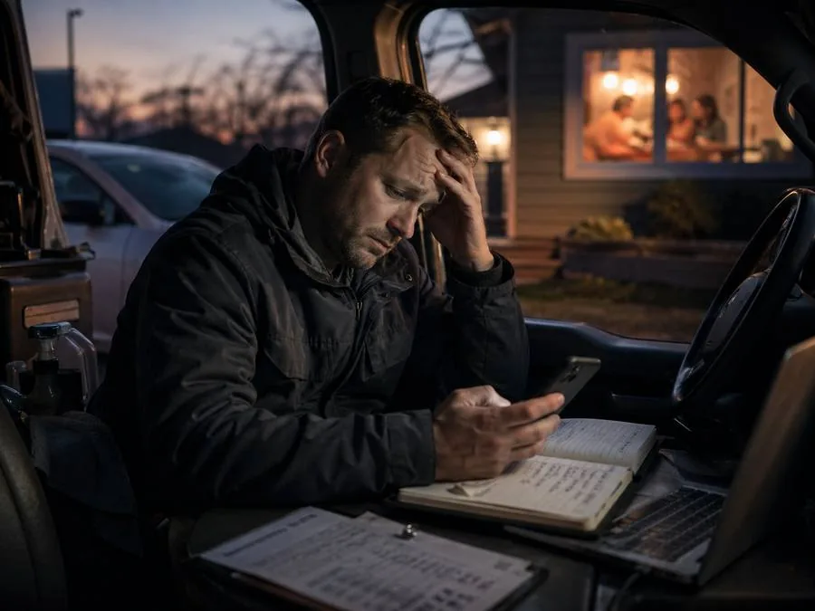 Stressed Wisconsin home service business owner working late in vehicle while paperwork and messages pile up - Patriot Business Systems solves this